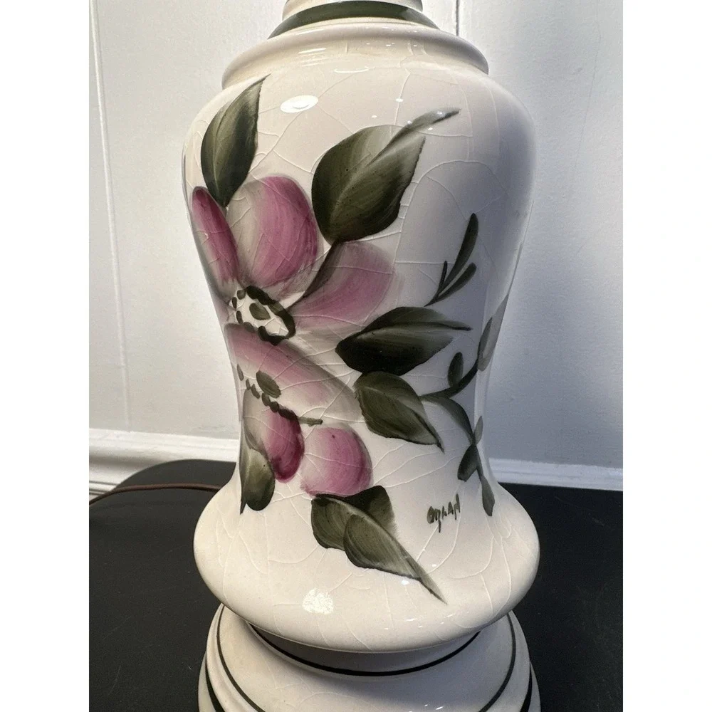 VTG Hand-Painted Crackle Ceramic Table Lamp Pink Floral Brass Hollywood Regency‎